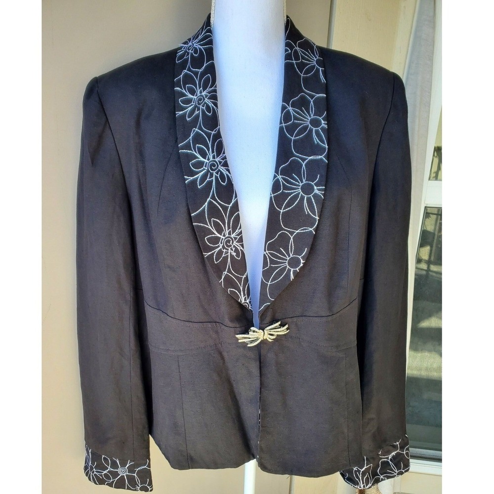 Coldwater Creek Linen Cotton Embroidered Blazer Jacket Beige Floral Metallic